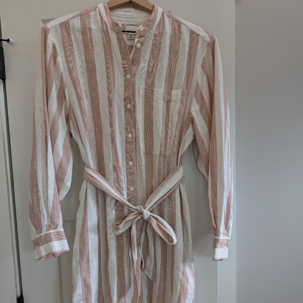 A New Day Linen Blend Mauve Striped Button Down Shirt Dress with Belt Women's XS